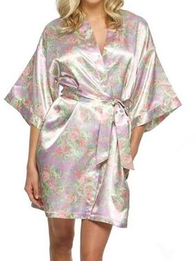 The Paisley Box Floral Satin Kimono Robe Pink & Mint GRWM Coquette